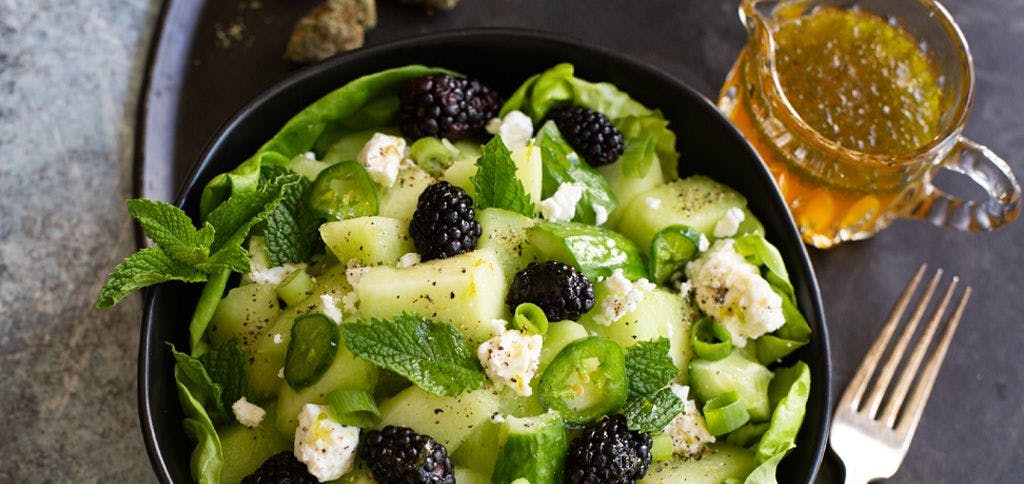 Honeydew, Cucumber and Blackberry Salad with Spicy Cannabis Dressing